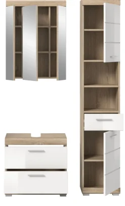 Badezimmer Bad Möbel Set weiß Hochglanz Eiche Badset mit Hochschrank Mambo 112 cm