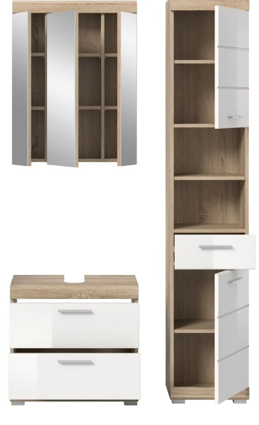 Badezimmer Bad Möbel Set weiß Hochglanz Eiche Badset mit Hochschrank Mambo 112 cm