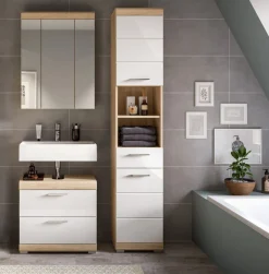 Badezimmer Bad Möbel Set weiß Hochglanz Eiche Badset mit Hochschrank Mambo 112 cm