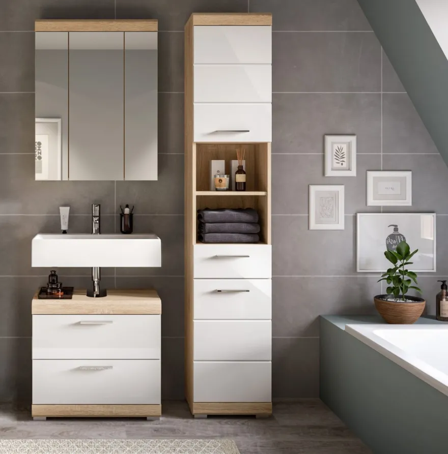 Badezimmer Bad Möbel Set weiß Hochglanz Eiche Badset mit Hochschrank Mambo 112 cm