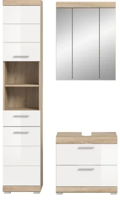 Badezimmer Bad Möbel Set weiß Hochglanz Eiche Badset mit Hochschrank Mambo 112 cm