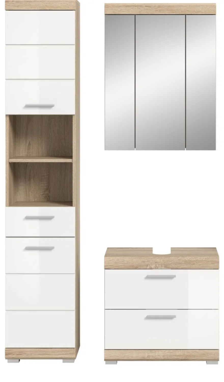 Badezimmer Bad Möbel Set weiß Hochglanz Eiche Badset mit Hochschrank Mambo 112 cm