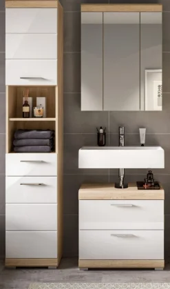 Badezimmer Bad Möbel Set weiß Hochglanz Eiche Badset mit Hochschrank Mambo 112 cm