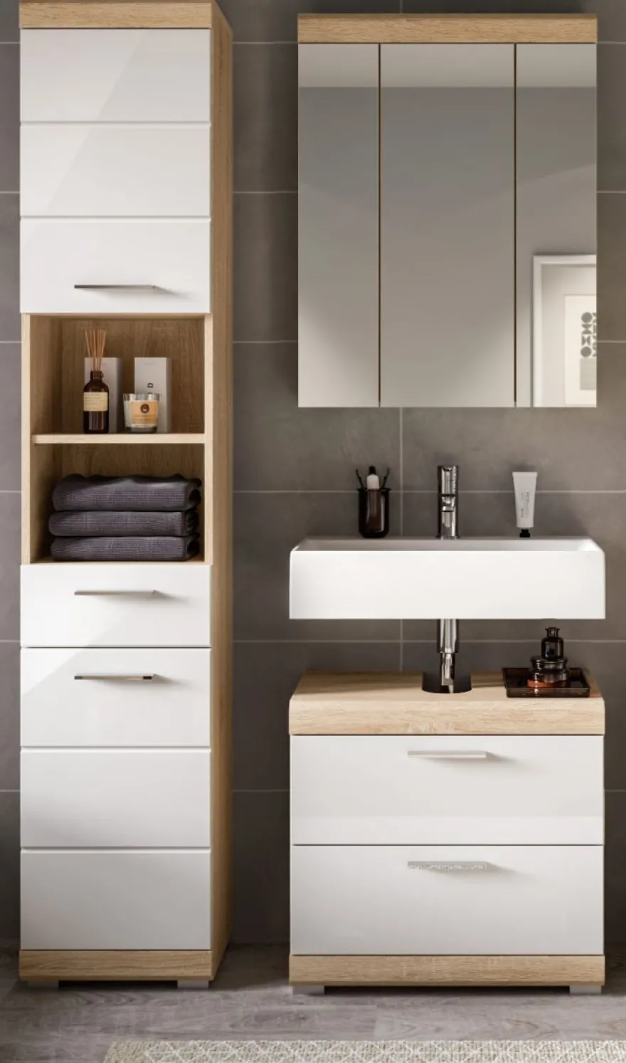 Badezimmer Bad Möbel Set weiß Hochglanz Eiche Badset mit Hochschrank Mambo 112 cm