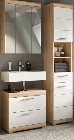 Badezimmer Bad Möbel Set weiß Hochglanz Eiche Badset mit Hochschrank Mambo 112 cm