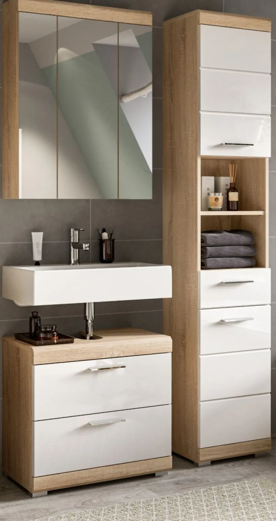 Badezimmer Bad Möbel Set weiß Hochglanz Eiche Badset mit Hochschrank Mambo 112 cm