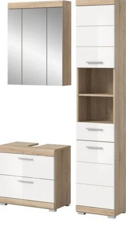 Badezimmer Bad Möbel Set weiß Hochglanz Eiche Badset mit Hochschrank Mambo 112 cm