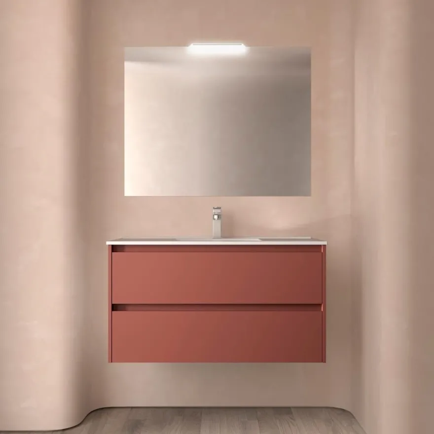 Badezimmermöbel BALTIC 1000 2 Schubladen RED SATIN + Waschtisch + Spiegel