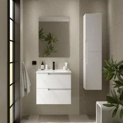 Badezimmermöbel VIMA 600 WHITE SATIN + Waschtisch + Spiegel