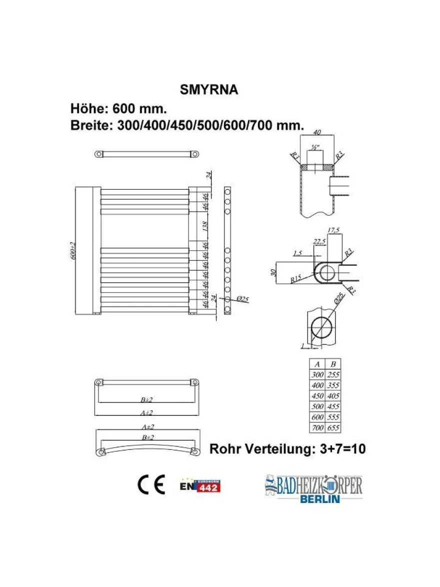 Badheizkörper SMYRNA Weiß 450 x 600 mm. Gerade oder Gebogen