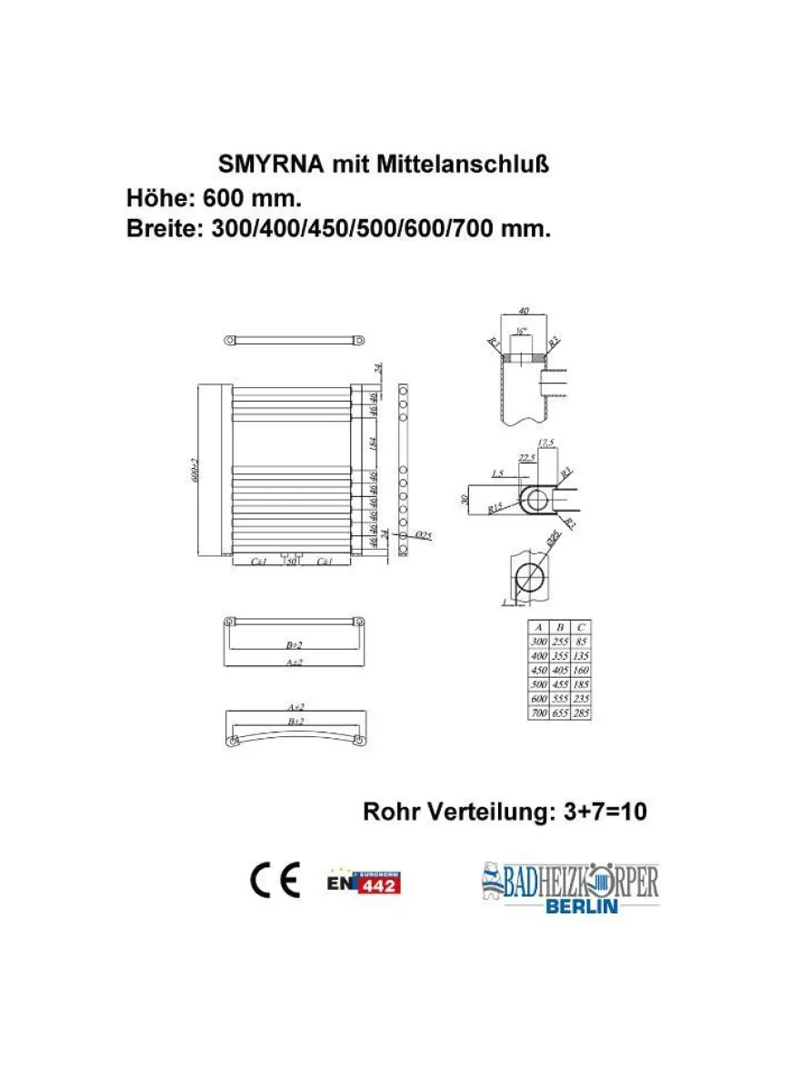 Badheizkörper SMYRNA Weiß 450 x 600 mm. Gerade oder Gebogen