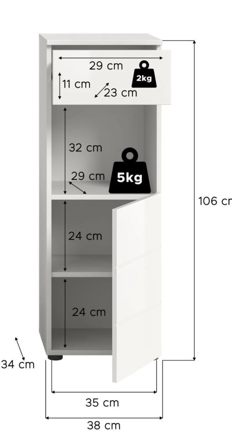 Badmöbel Kommode Badezimmer Unterschrank weiß Hochglanz Badkommode Larik 38 x 106 cm