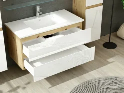 Badmöbel Set Eiche Artizan Weiss Hochglanz Badezimmermöbel 90 cm Bad Schränke Leonar