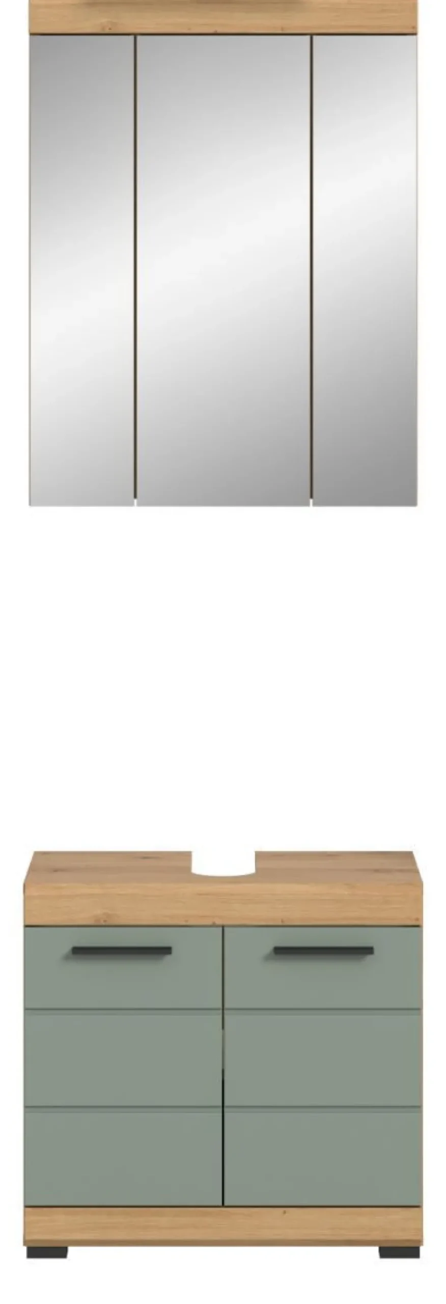 Badmöbel Set mit Waschbeckenunterschrank Spiegelschrank in Salbei grün Eiche Shawn