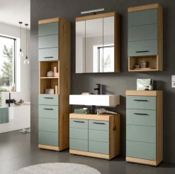 Badmöbel Set mit Waschbeckenunterschrank Spiegelschrank in Salbei grün Eiche Shawn