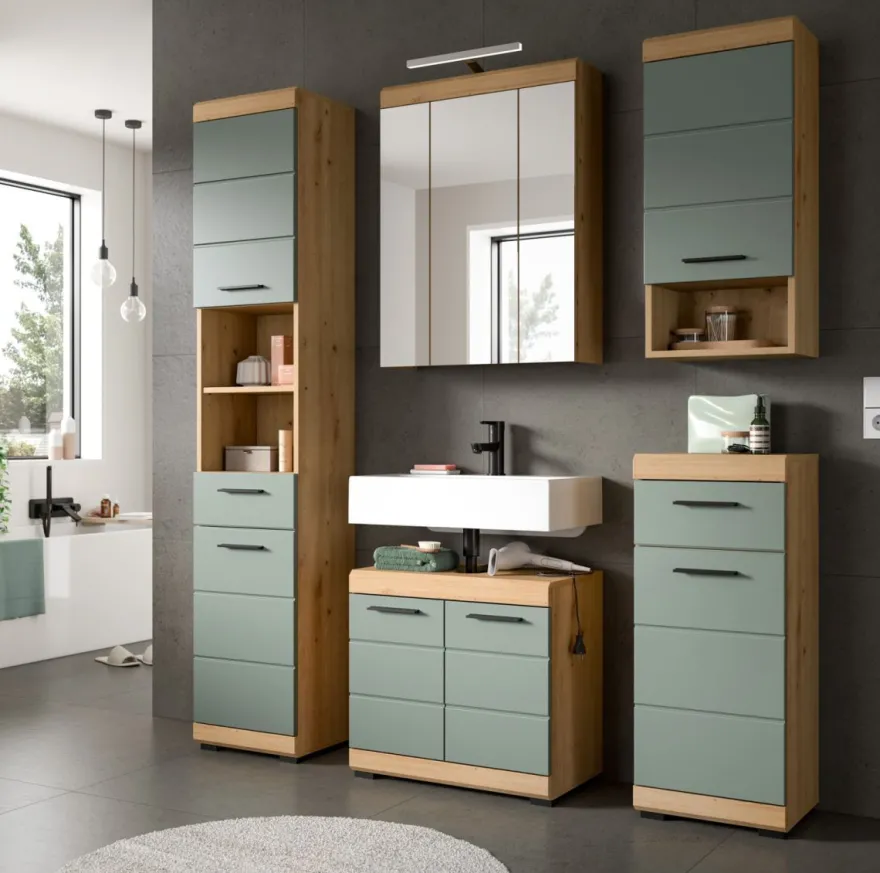 Badmöbel Set mit Waschbeckenunterschrank Spiegelschrank in Salbei grün Eiche Shawn