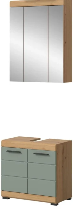 Badmöbel Set mit Waschbeckenunterschrank Spiegelschrank in Salbei grün Eiche Shawn