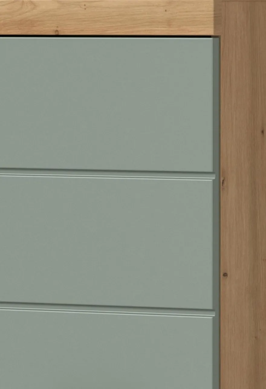 Badmöbel Set mit Waschbeckenunterschrank Spiegelschrank in Salbei grün Eiche Shawn