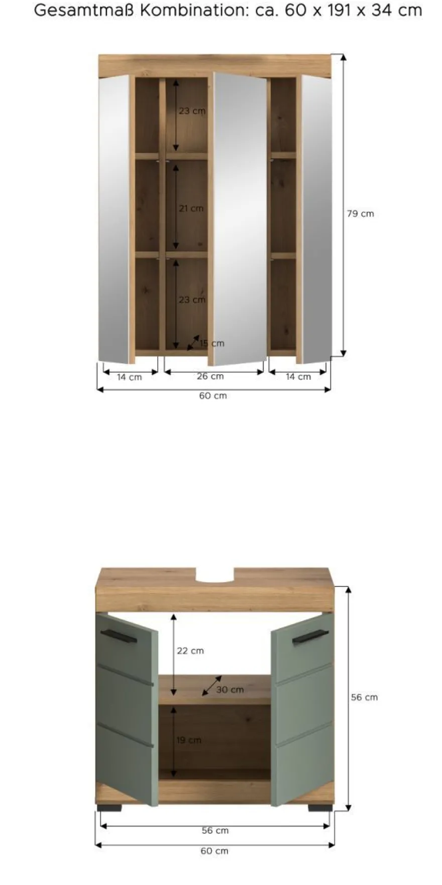 Badmöbel Set mit Waschbeckenunterschrank Spiegelschrank in Salbei grün Eiche Shawn