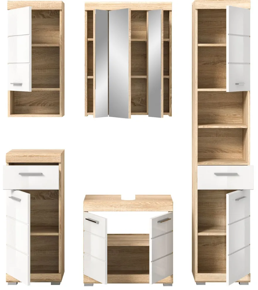 Bad Möbel Set weiß Hochglanz Eiche Badezimmer Badset komplett Badschrank Mambo