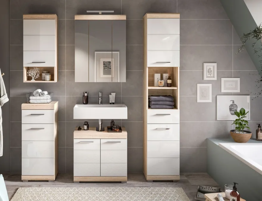 Bad Möbel Set weiß Hochglanz Eiche Badezimmer Badset komplett Badschrank Mambo