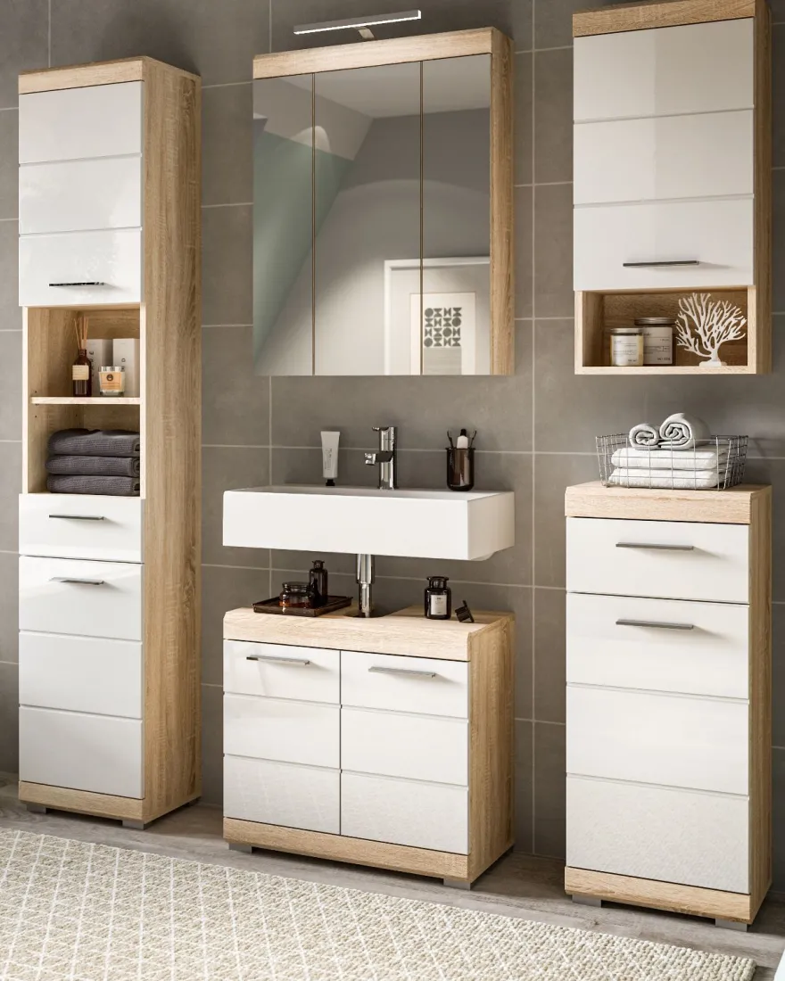 Bad Möbel Set weiß Hochglanz Eiche Badezimmer Badset komplett Badschrank Mambo