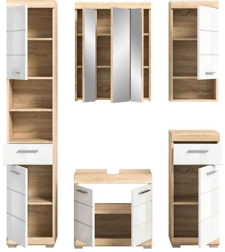 Bad Möbel Set weiß Hochglanz Eiche Badezimmer Badset komplett Badschrank Mambo