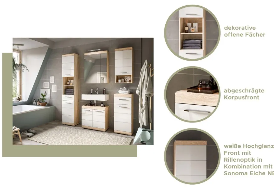 Bad Möbel Set weiß Hochglanz Eiche Badezimmer Badset komplett Badschrank Mambo
