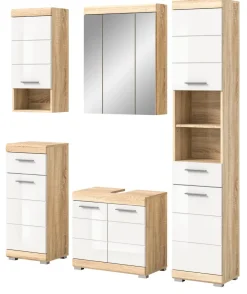 Bad Möbel Set weiß Hochglanz Eiche Badezimmer Badset komplett Badschrank Mambo