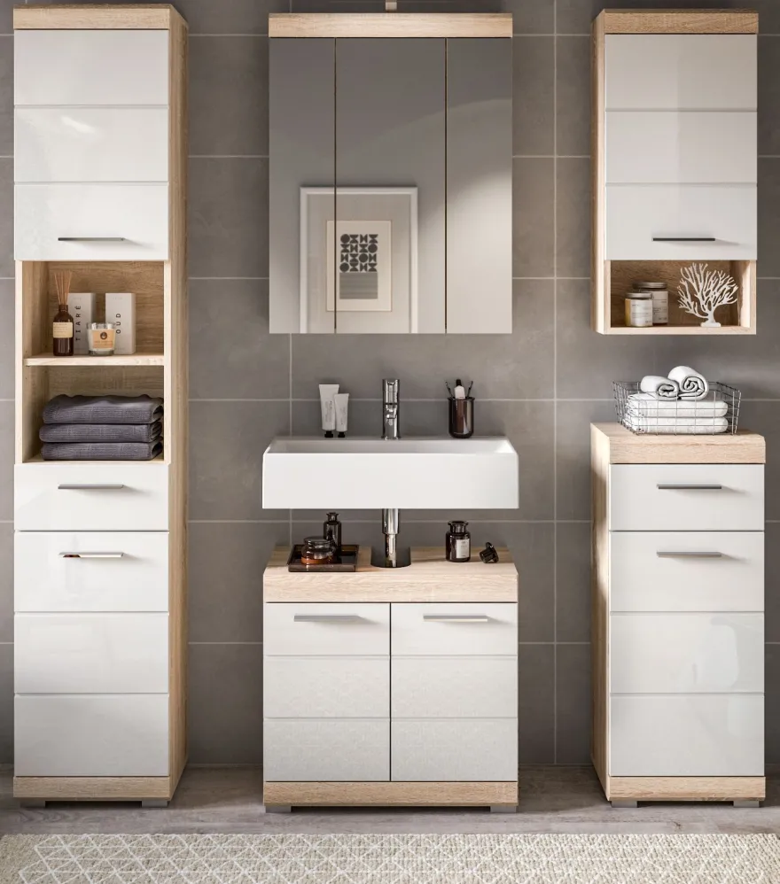 Bad Möbel Set weiß Hochglanz Eiche Badezimmer Badset komplett Badschrank Mambo