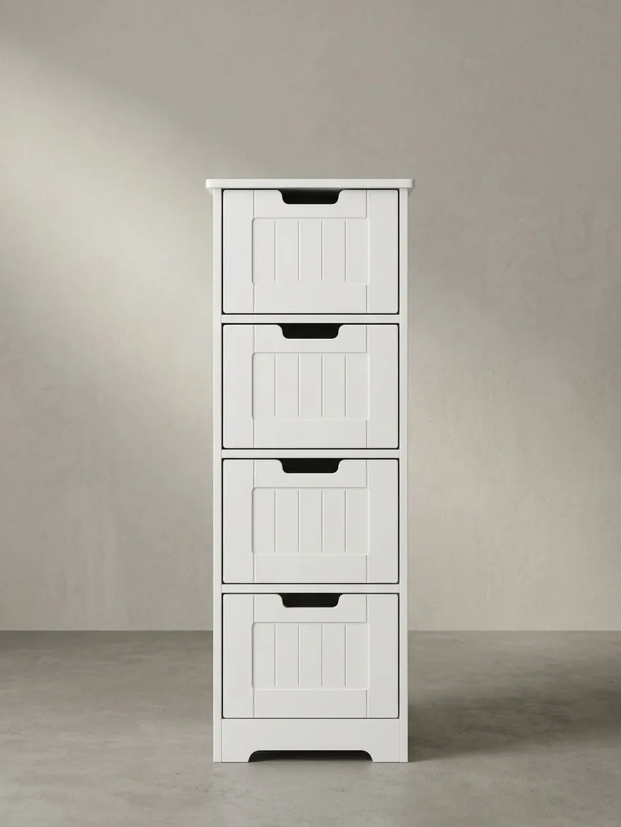 Badschrank Weiß 30x83x30 cm im Landhausstil aus MDF mit 4 Schubladen PATTI