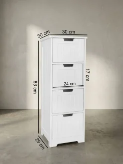 Badschrank Weiß 30x83x30 cm im Landhausstil aus MDF mit 4 Schubladen PATTI