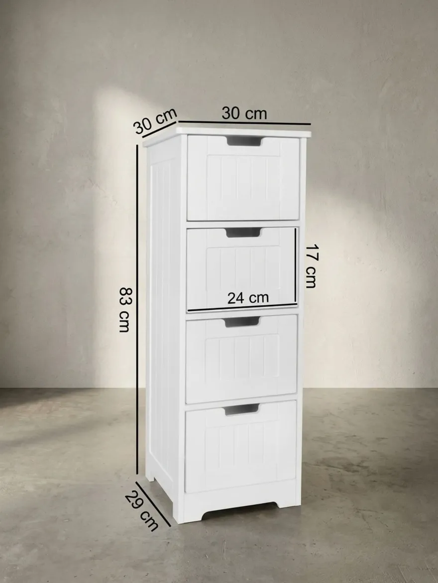 Badschrank Weiß 30x83x30 cm im Landhausstil aus MDF mit 4 Schubladen PATTI
