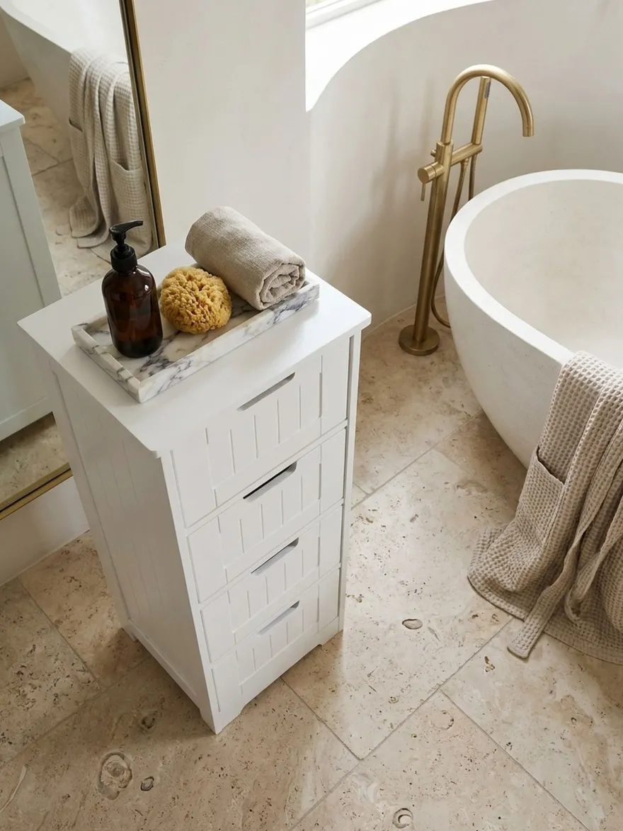 Badschrank Weiß 30x83x30 cm im Landhausstil aus MDF mit 4 Schubladen PATTI