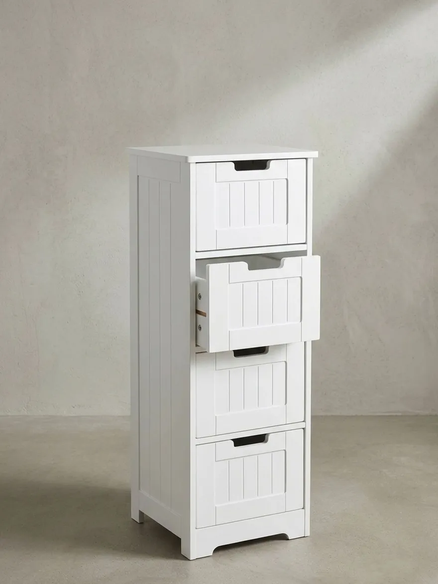 Badschrank Weiß 30x83x30 cm im Landhausstil aus MDF mit 4 Schubladen PATTI