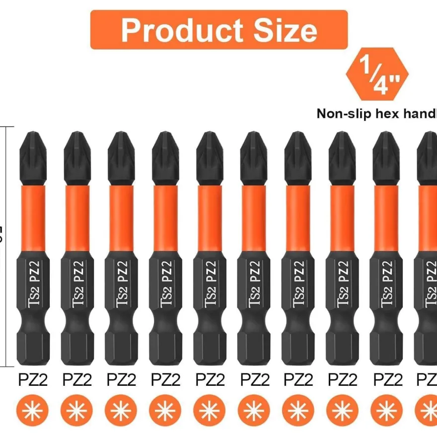 Baidets Pro PZ2 Schrauber Bit Set, 10 Stück, 50mm Länge, 1/4