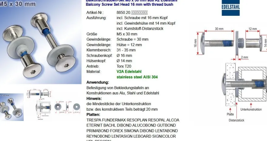 Balkonschrauben-Set M5 x 30 mm V2A TRESPA Edelstahl A2 Schrauben