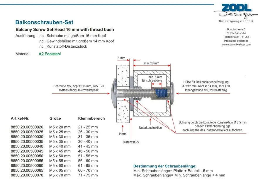 Balkonschrauben-Set M5 x 30 mm V2A TRESPA Edelstahl A2 Schrauben