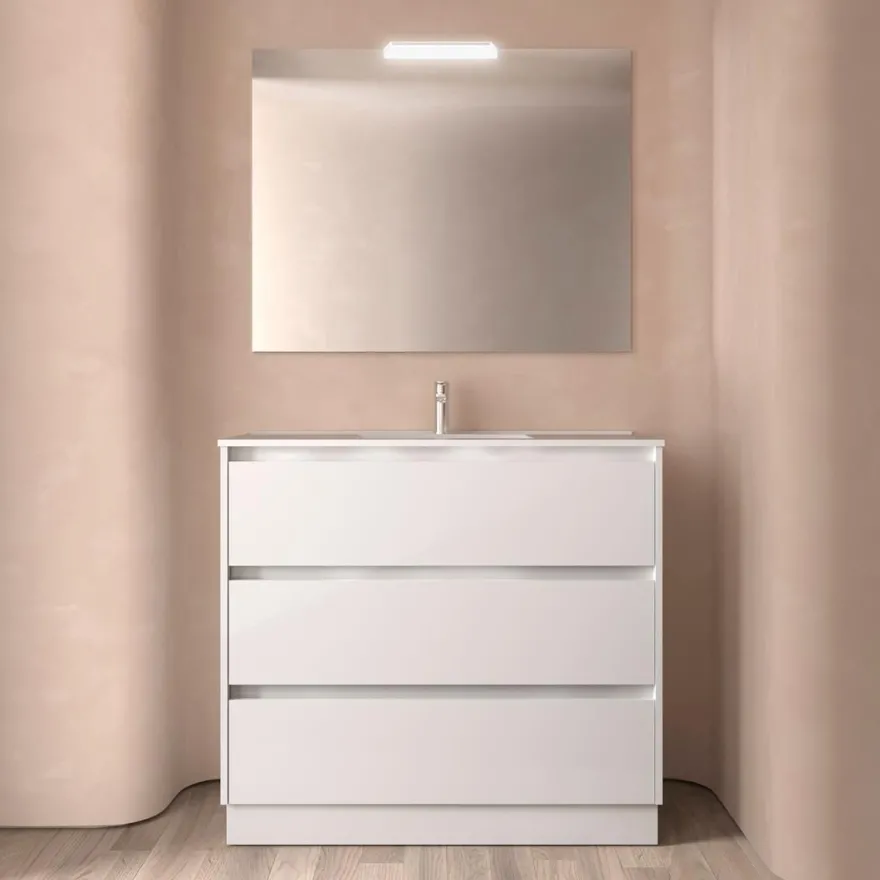 BALTIC Komplett-Set 1000 3 Schubladen WHITE GLOSS + Waschtisch + Spiegel + Leucht