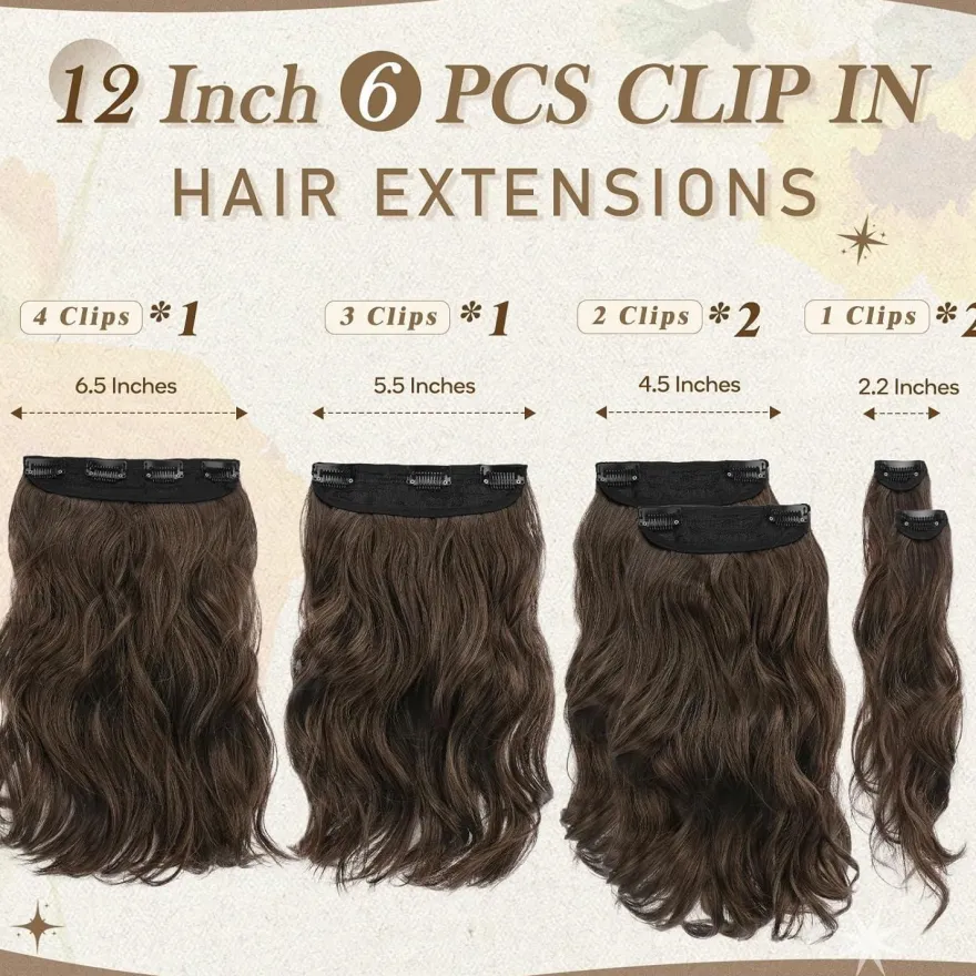 Barsdar Clip in Haarverlängerungen 30cm Braun Wellige Extensions 6PCs