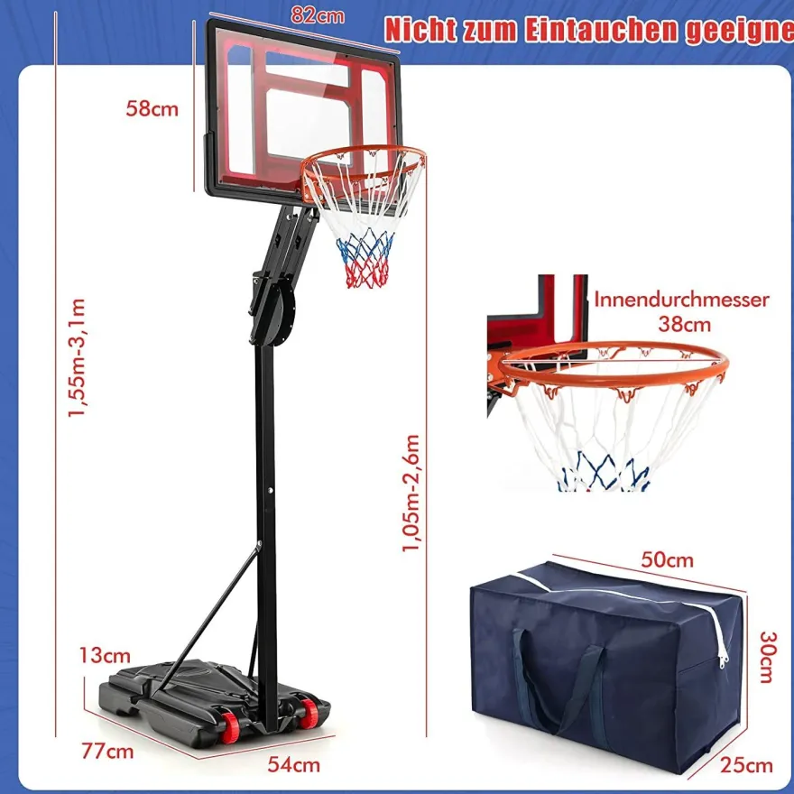 Basketballständer 228-265 cm höhenverstellbar, Basketballkorb mit Ständer & 2 Rädern