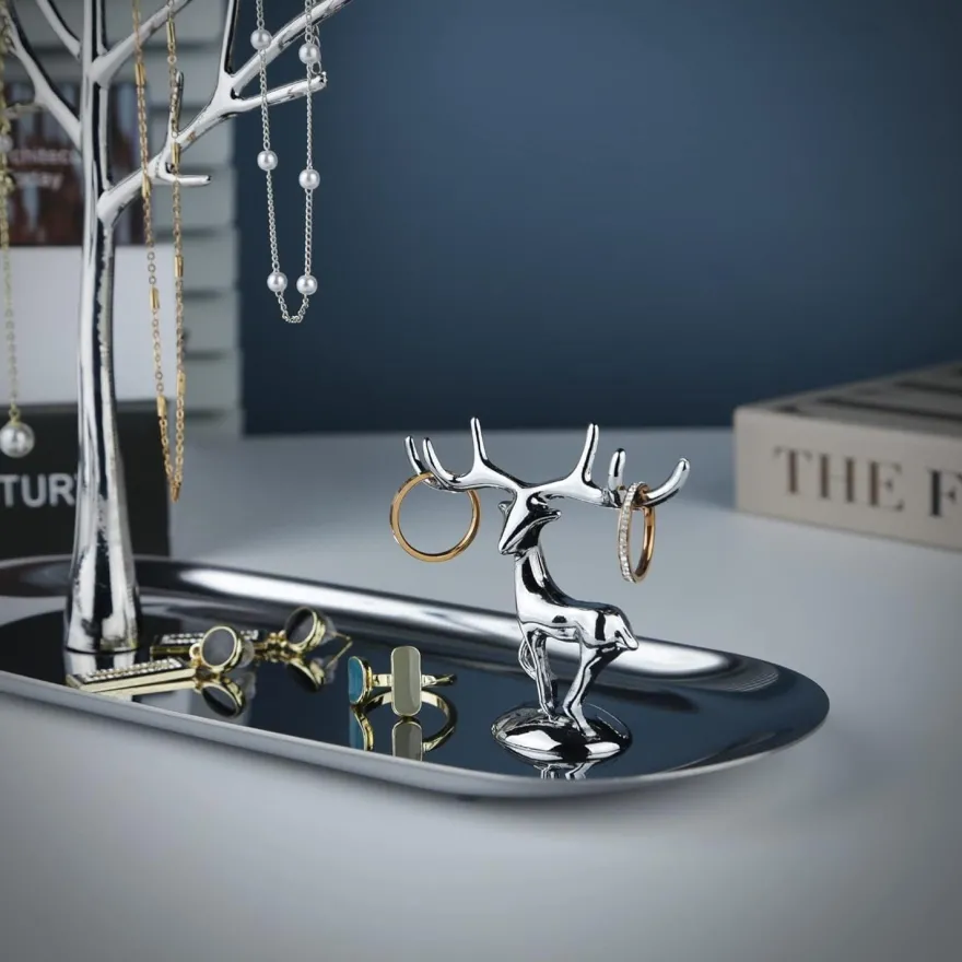 Baum Hirsch Schmuckständer Ringe Ohrringe Halsketten Armbänder Silber Metall