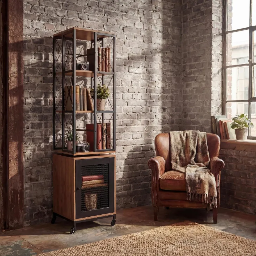 Bücherregal HWC-P13, Rollen drehbar Tür, Industrial Melamin MVG 162x40x42cm