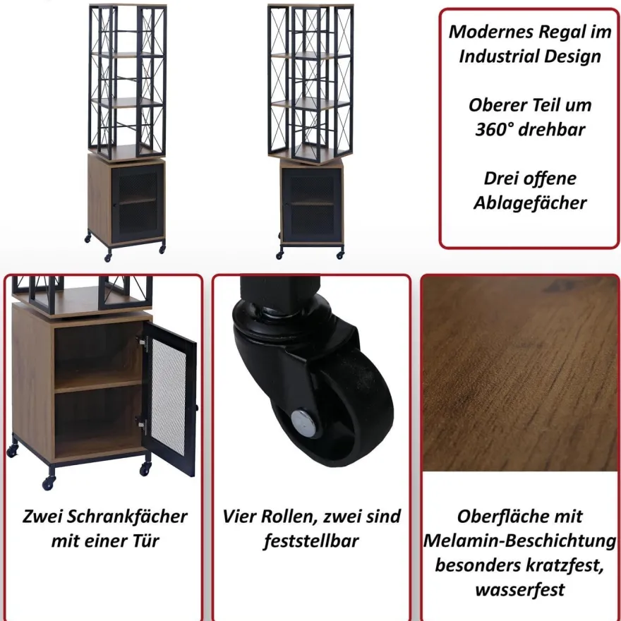 Bücherregal HWC-P13, Rollen drehbar Tür, Industrial Melamin MVG 162x40x42cm