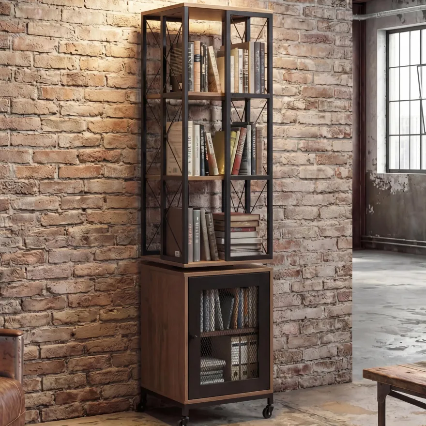 Bücherregal HWC-P13, Rollen drehbar Tür, Industrial Melamin MVG 162x40x42cm