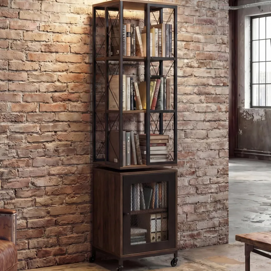 Bücherregal HWC-P13, Rollen drehbar Tür, Industrial Melamin MVG 162x40x42cm