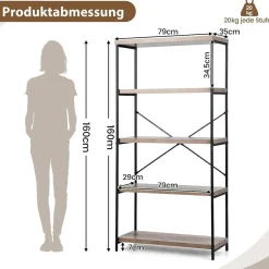 Bücherregal mit 5 Ebenen, Standregal mit Metallrahmen, freistehendes Regal, Büroregal