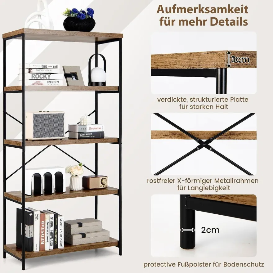 Bücherregal mit 5 Ebenen, Standregal mit Metallrahmen, freistehendes Regal, Büroregal