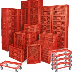78 Bäckerkisten in 5 Größen, 600x400 mm, H 90 mm - 410 mm, rot + 5 Roller, rot