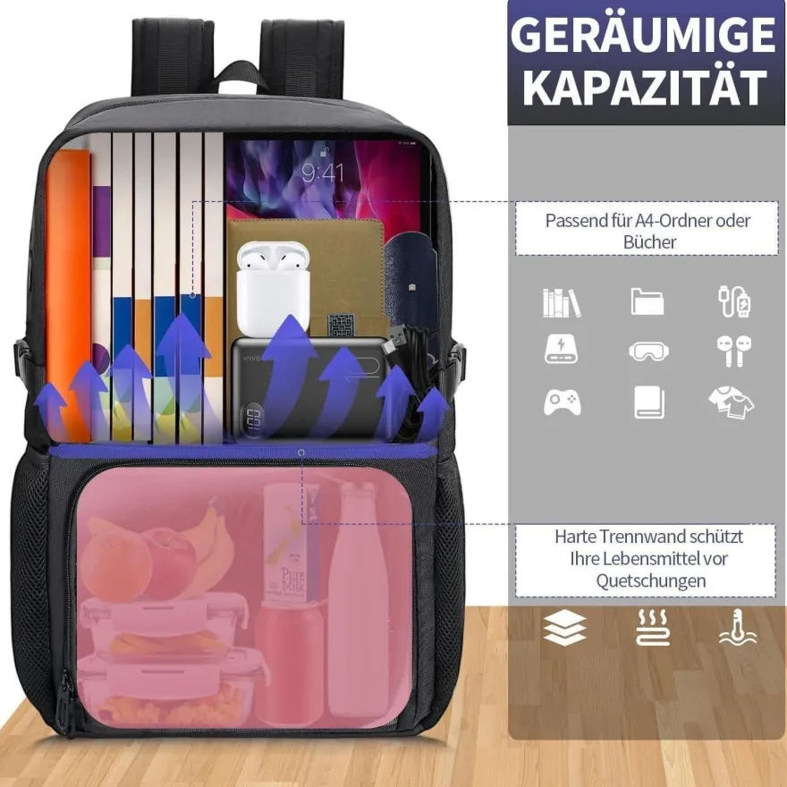 Bertasche Lunch Rucksack, Arbeit Rucksack mit Isoliertem Kühlfach, 17,3 Zoll